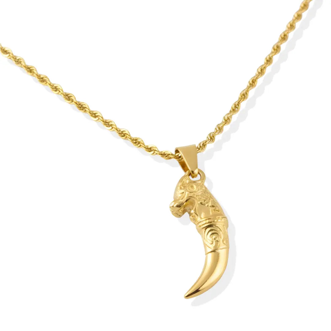 18K Gold Plated Dragon Tooth Pendant Necklace for Men – 54cm Rope Chain with 5cm Cable Extension & Lobster Clasp